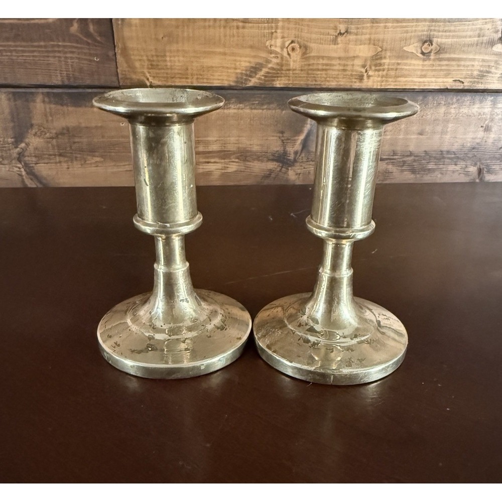 Vintage Pair Solid Brass Candlestick Holders 3.5" Tall